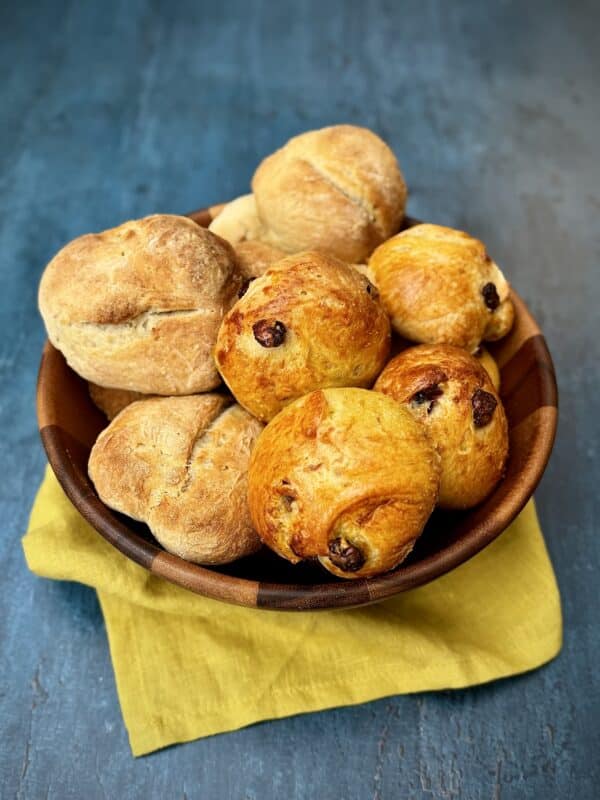 Sweet and savory versions of homemade long-fermented sourdough buns