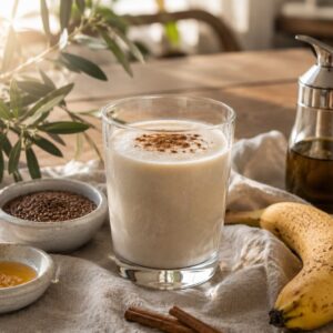 kefir drink with banana, cinnamon, flaxseed and flaxseed oil on a wooden table